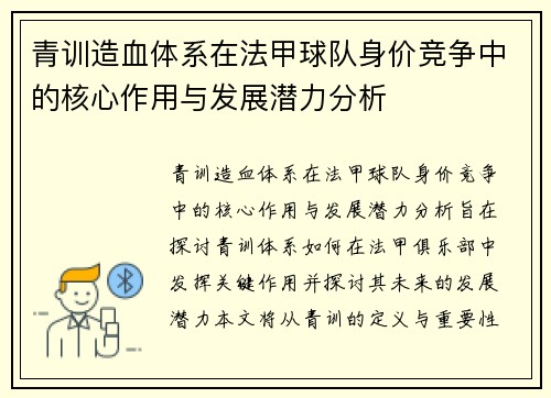 青训造血体系在法甲球队身价竞争中的核心作用与发展潜力分析