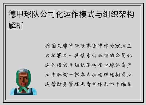 德甲球队公司化运作模式与组织架构解析