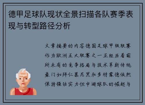 德甲足球队现状全景扫描各队赛季表现与转型路径分析